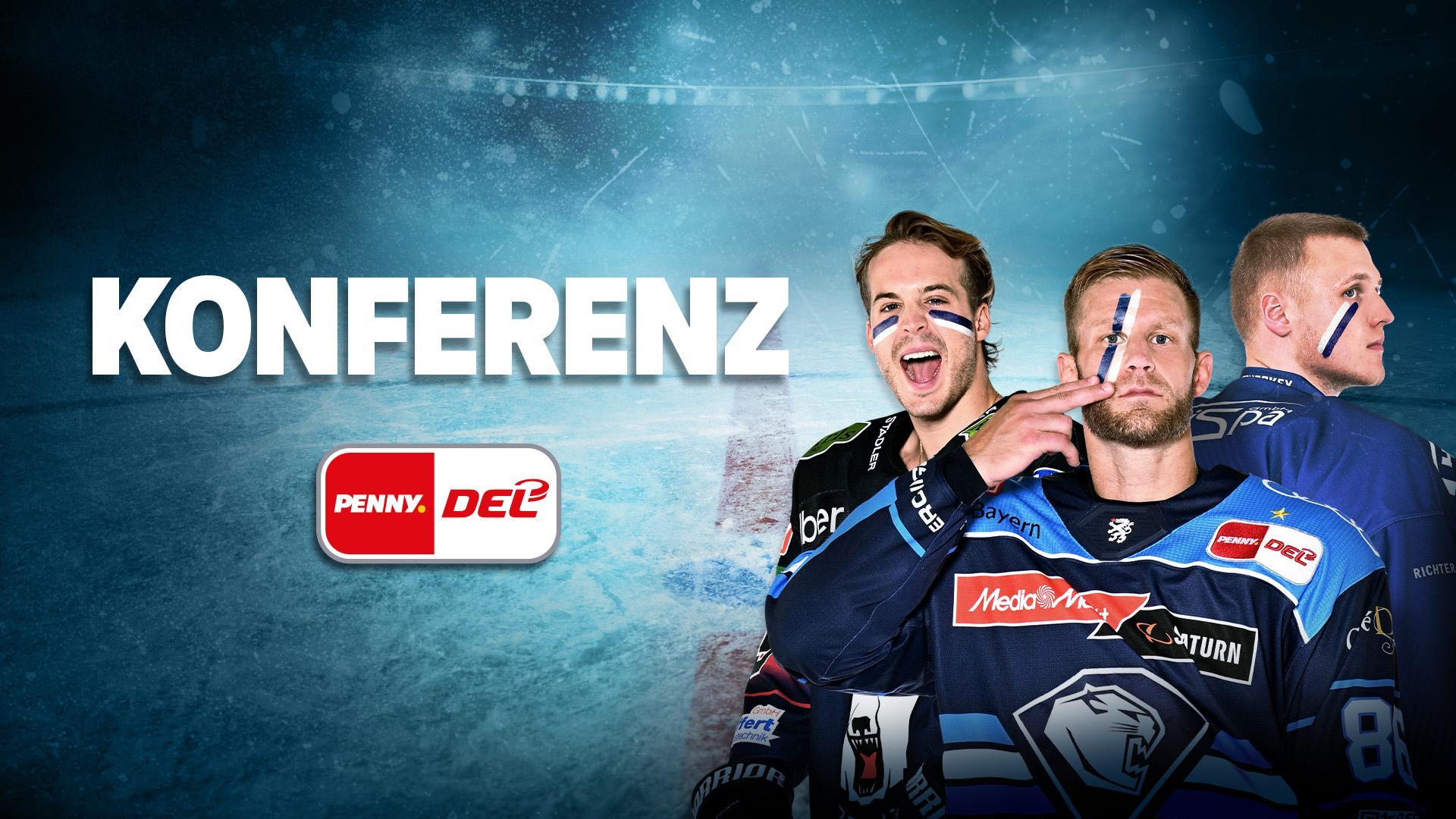 Werbegrafik PENNY DEL Konferenz mit Logo und Spielertraube vor Eishockey-Hintergrund